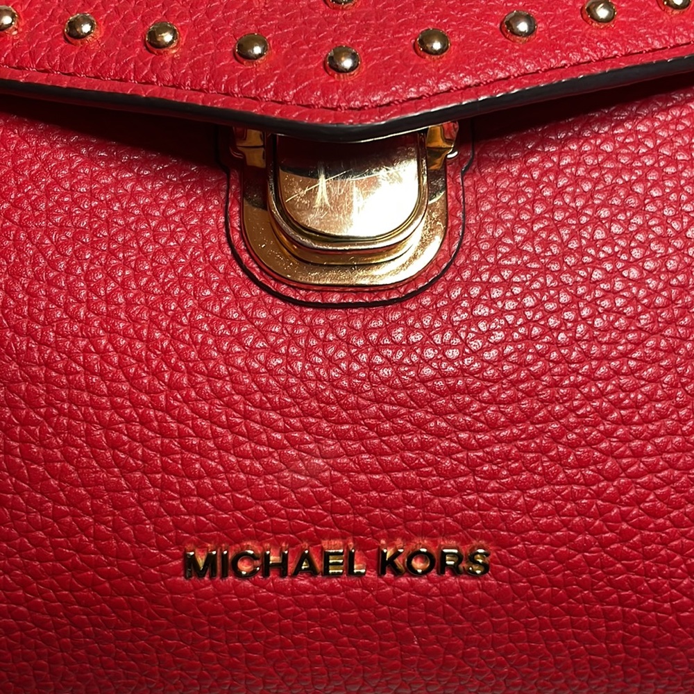 Michael Kors MK Bristol Studded Leather Satchel Crossbody Purse Shoulder Bag Red - Picture 10 of 17